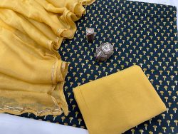 Blue and bronze printed  cotton suit with zari border pure chiffon dupatta