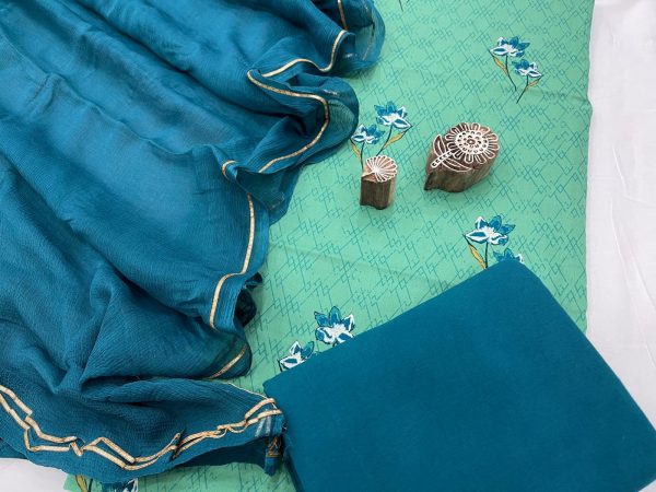 Blue and emirald cotton suit with zari border pure chiffon dupatta