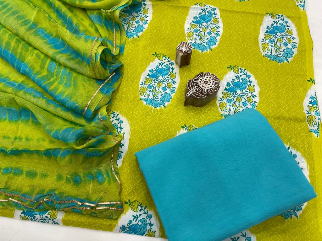 Blue green and yellow cotton suit with zari border pure chiffon dupatta