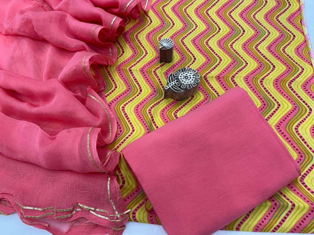 Blush zigzag print cotton suit with zari border pure chiffon dupatta