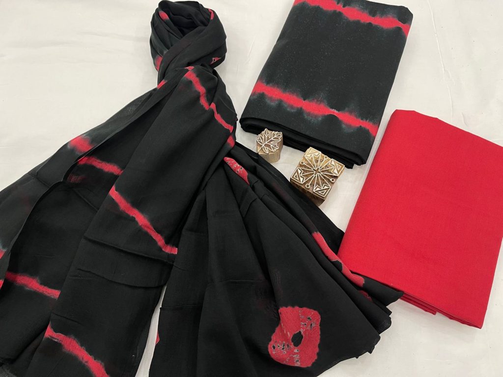 Black and red bandhani print  cotton suit with mulmul dupatta