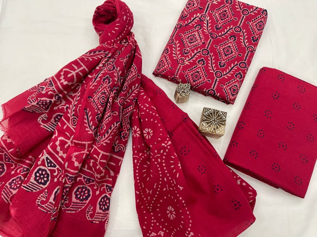 Jaipuri red printed cotton suit with mulmul dupatta