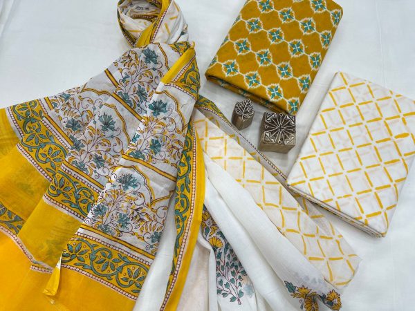 White and yellow brown cotton suit with mulmul dupatta