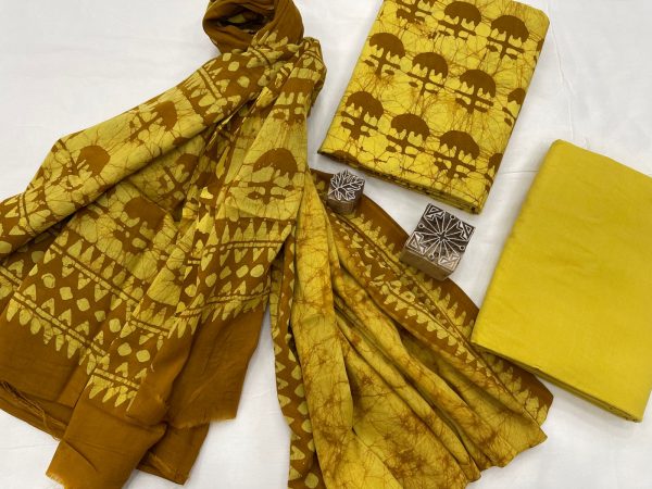 Yellow and brown dabu print cotton suit with mulmul dupatta