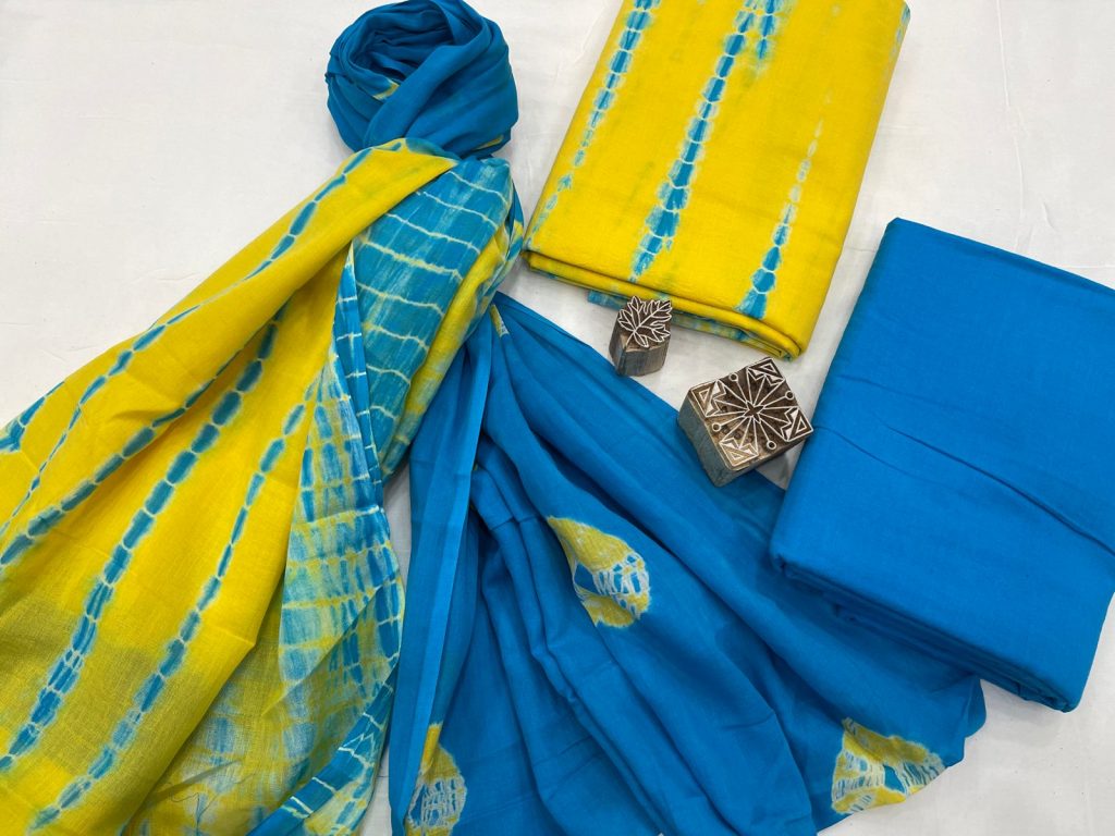Yellow and cobalt blue bandhej cotton suit with mulmul dupatta