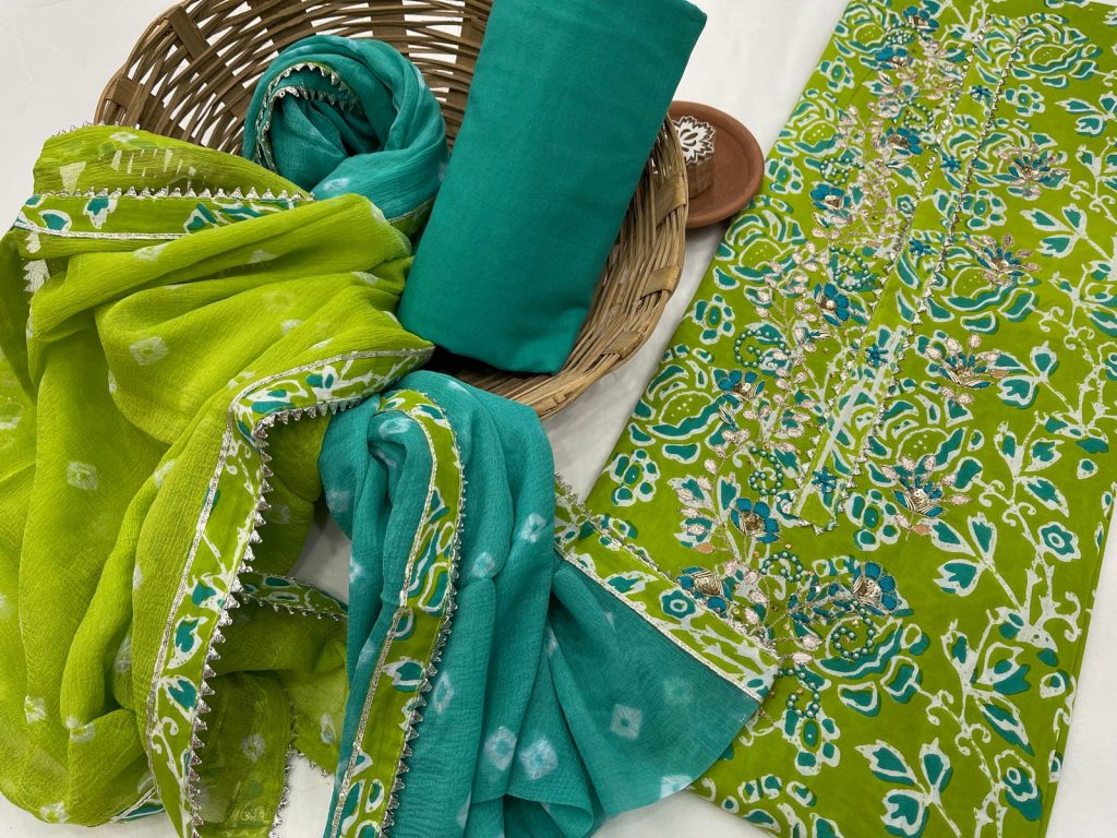 Green floral gota embroided cotton suit with chiffon dupatta
