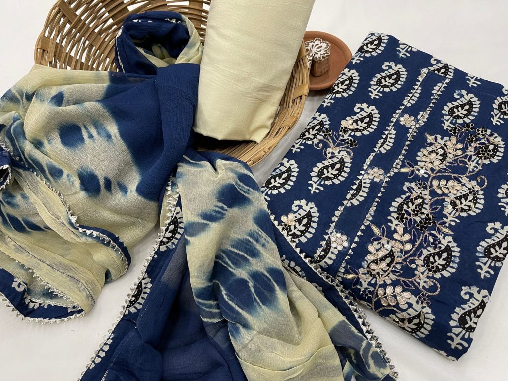 Prussian blue bagru print gota embroided cotton suit with chiffon dupatta