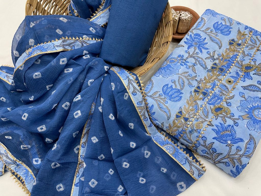 Prussian blue bandhej print gota embroided cotton suit with chiffon dupatta