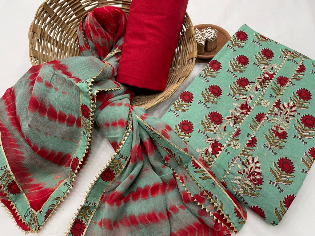 Sea green red crimson gota embroided cotton suit with chiffon dupatta