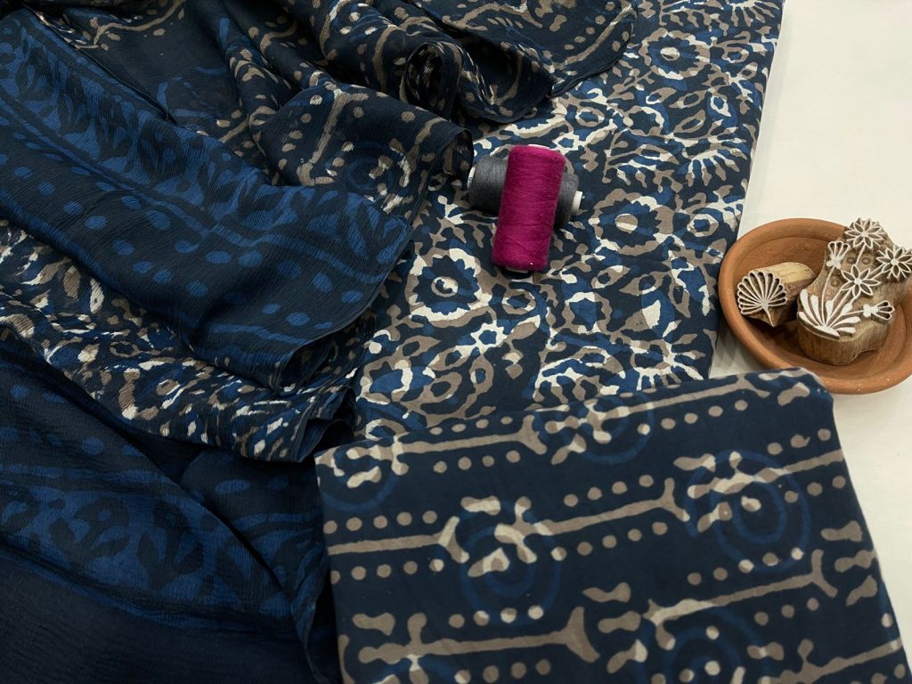 Prussian blue gad print cotton suit with chiffon dupatta