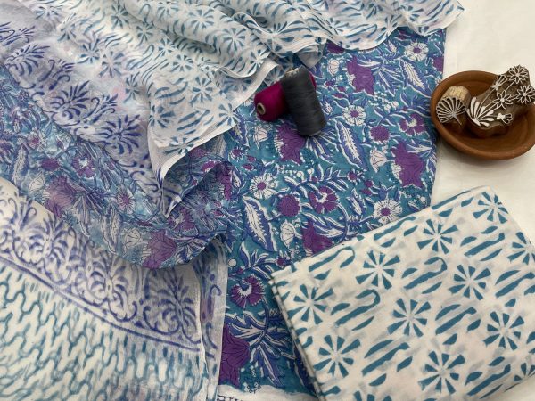 Blue green and white gad print cotton suit with chiffon dupatta