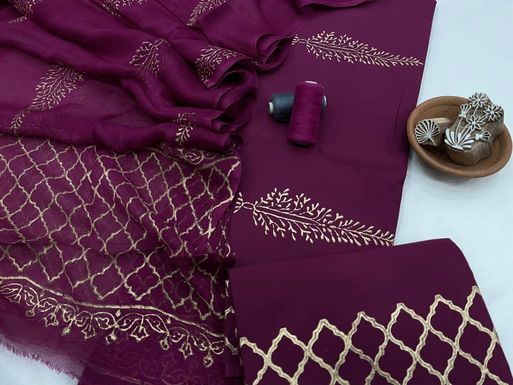 Dark purple printed cotton suit with chiffon dupatta