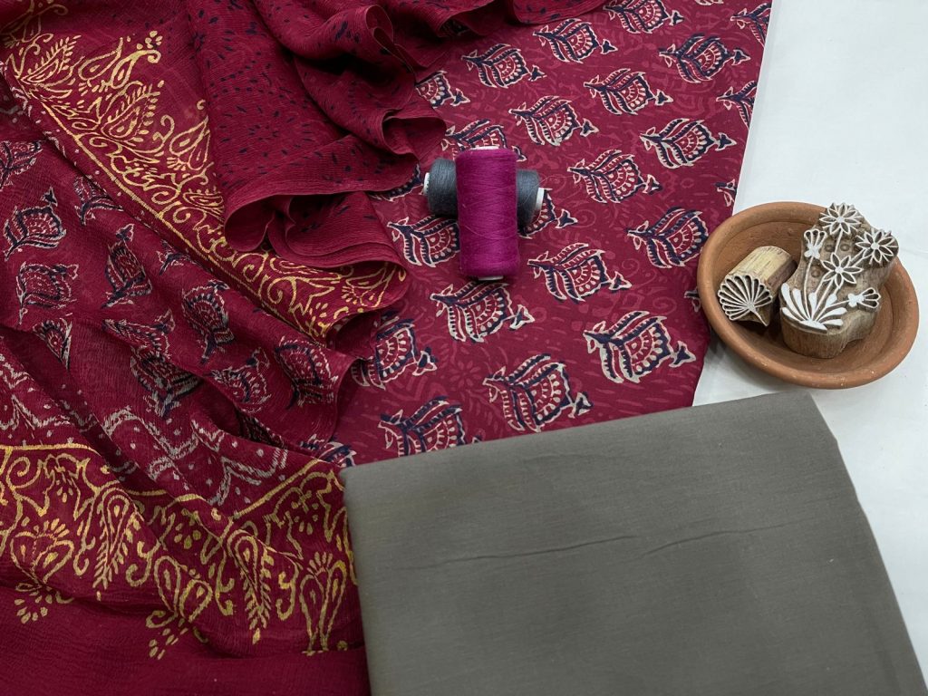 Dark red violet printed cotton suit with chiffon dupatta