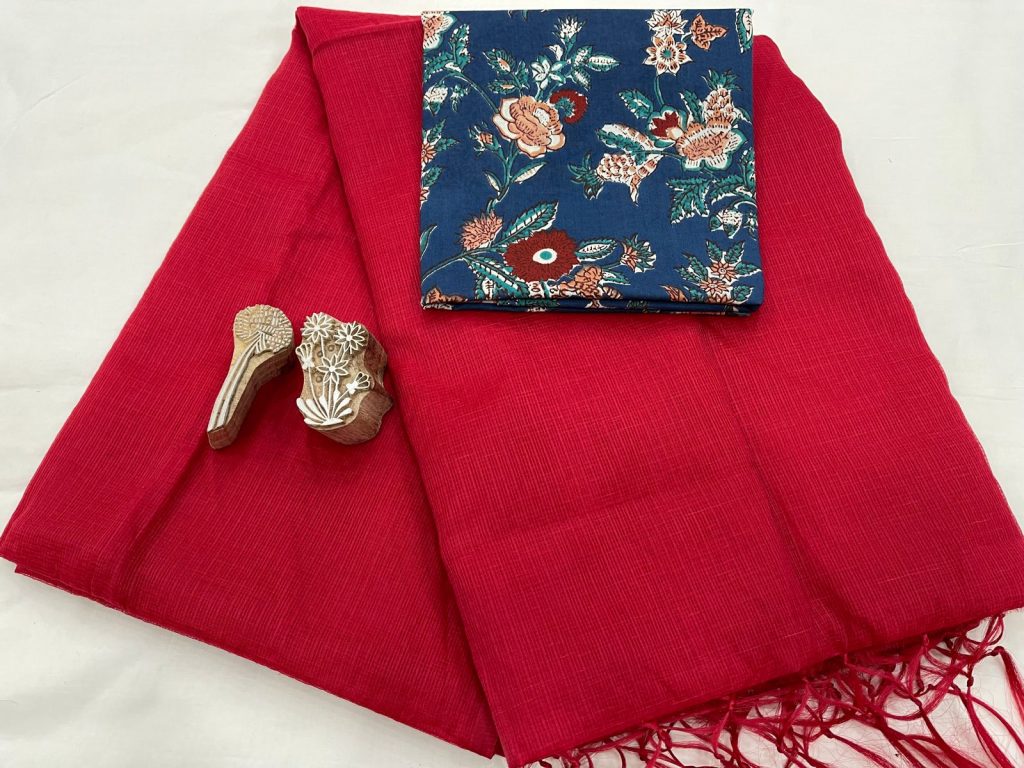 Red kota doria saree with blouse