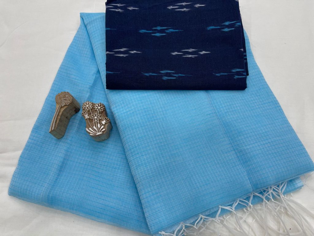 Baby blue kota doria saree with blouse