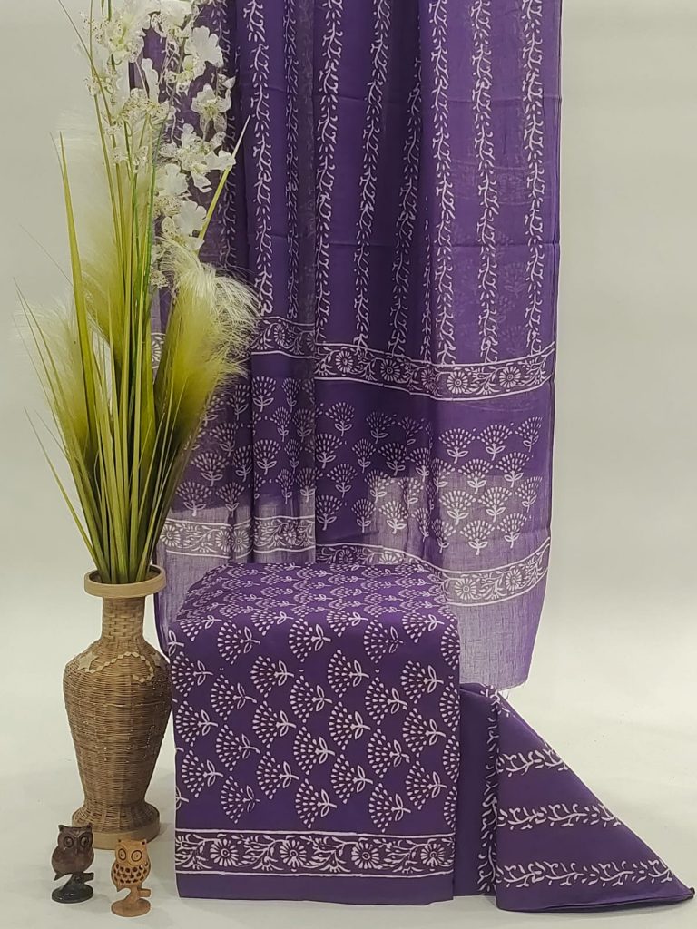 Purple hand printed cotton mul dupata suit