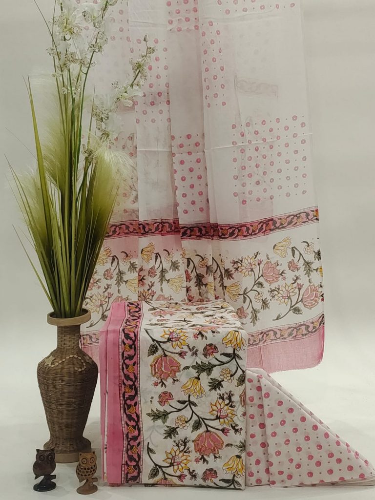 White and pink floral print cotton mul dupata suit