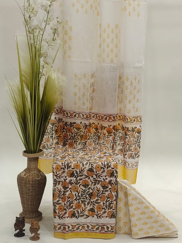 White and yellow gad printed cotton mul dupata suit