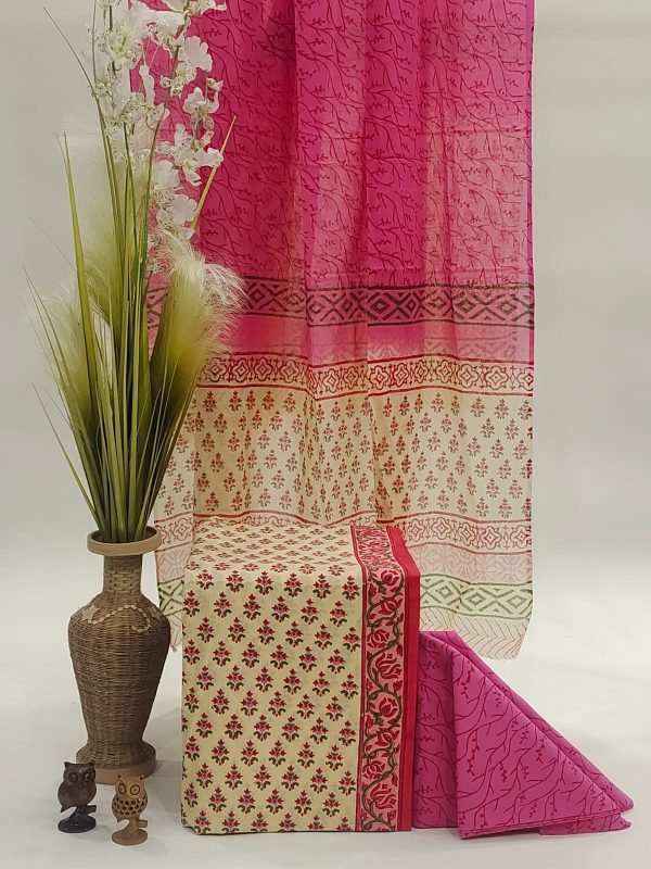 Yellow and pink pigment print cotton mul dupata suit