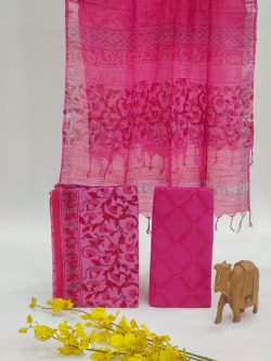 Pink gad print cotton suit with linen dupatta