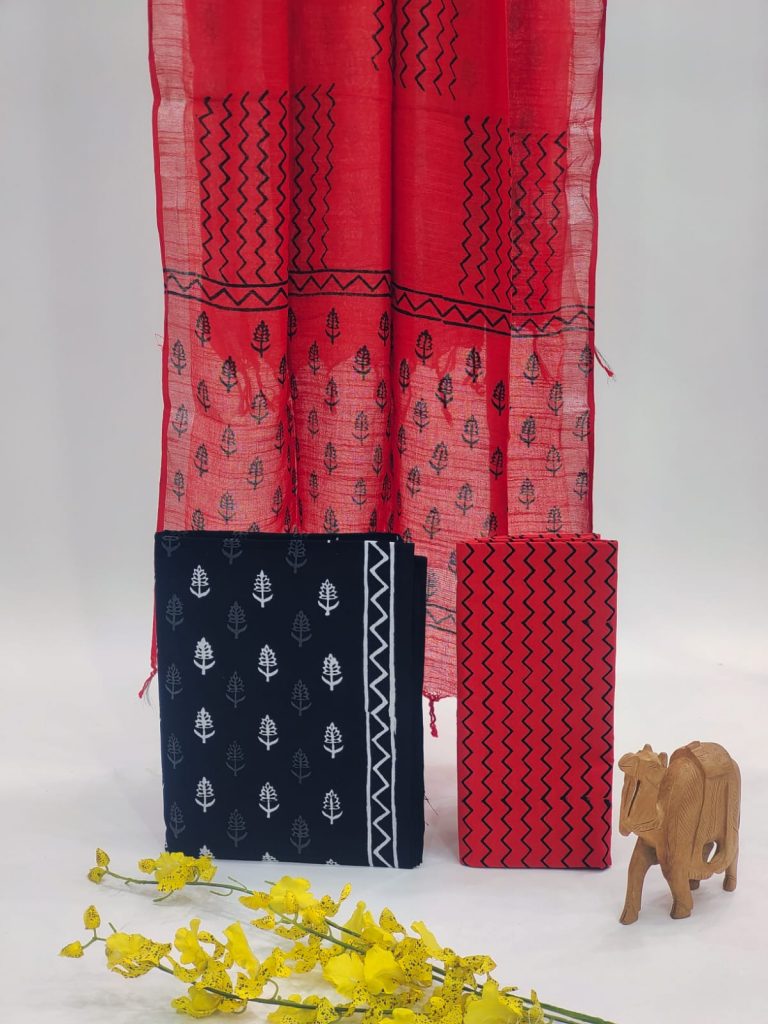 Red and black printed cotton suit with Linen dupatta
