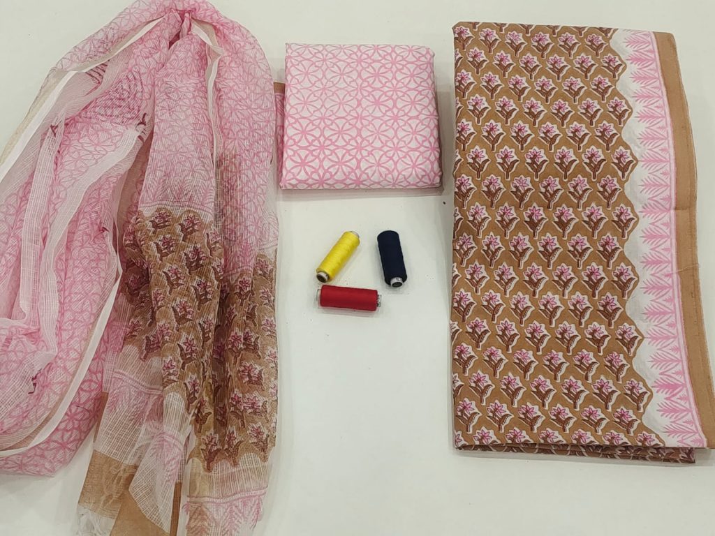 Copper brown and pink rapid print cotton suit with kota doriya dupatta