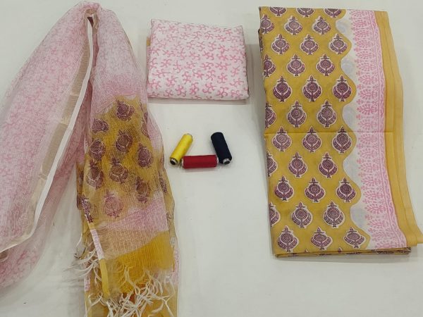 Yellow pink rapid print cotton suit with kota doriya dupatta
