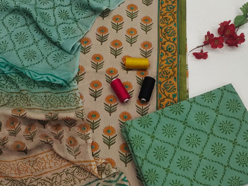 Green and tan brown block print cotton suit with chiffon dupatta