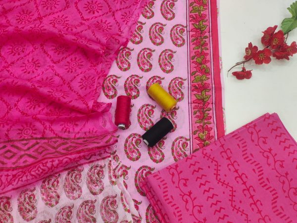 Pink block printed cotton suit with chiffon dupatta