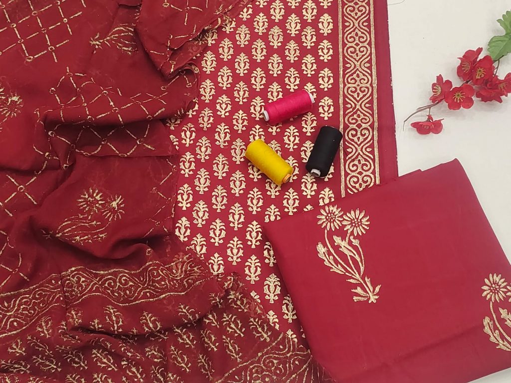 Red foil gold print cotton suit with chiffon dupatta