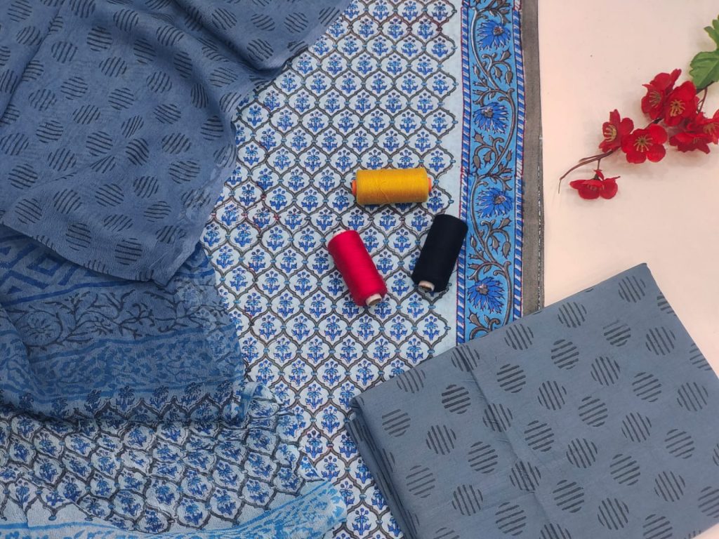 Slate gray and blue printed cotton suit with chiffon dupatta