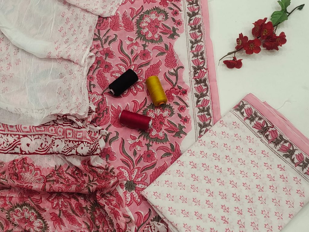 Lite pink gad print cotton suit with chiffon dupatta