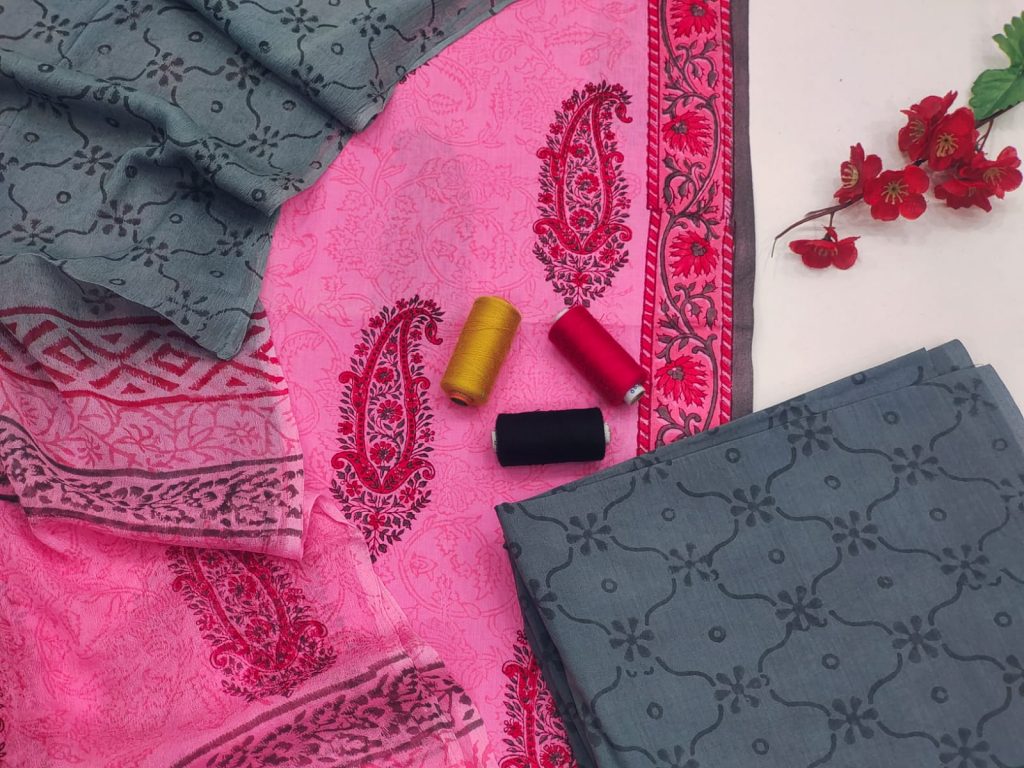 Pink and gray mugal print cotton suit with chiffon dupatta