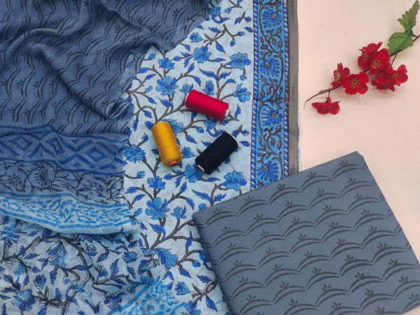 Sky blue and gray hand block print cotton suit with chiffon dupatta