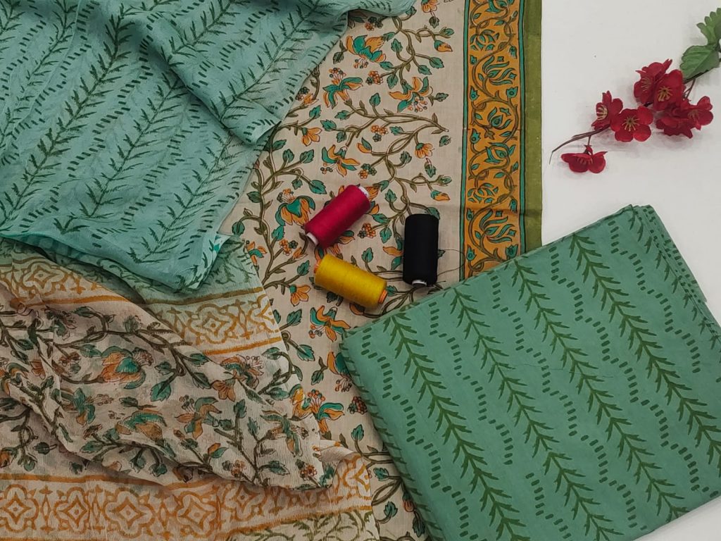 Green and tan block kalamkari print cotton suit with chiffon dupatta