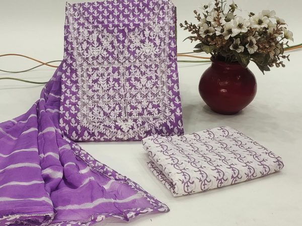 Embroidered Purple printed cotton suit with lehariya print chiffon dupatta