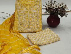 Embroidered yellow printed cotton suit with lehariya print chiffon dupatta