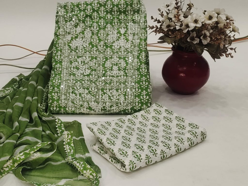 Embroidered green printed cotton suit with lehariya print chiffon dupatta