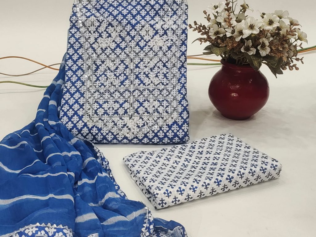 Embroidered persian blue printed cotton suit with lehariya print chiffon dupatta