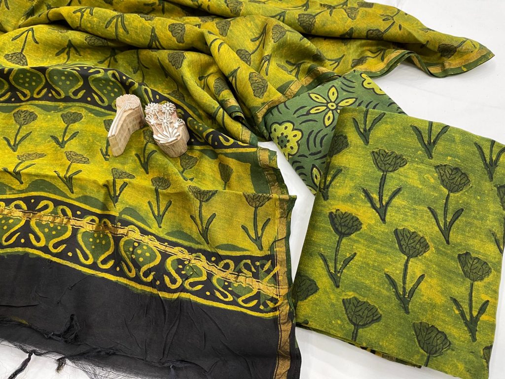 Green and yellow printed chanderi suit with chanderi dupatta