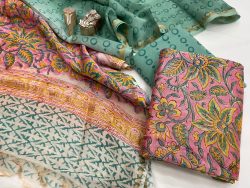 Jungle green and pink floral chanderi suit with chanderi dupatta