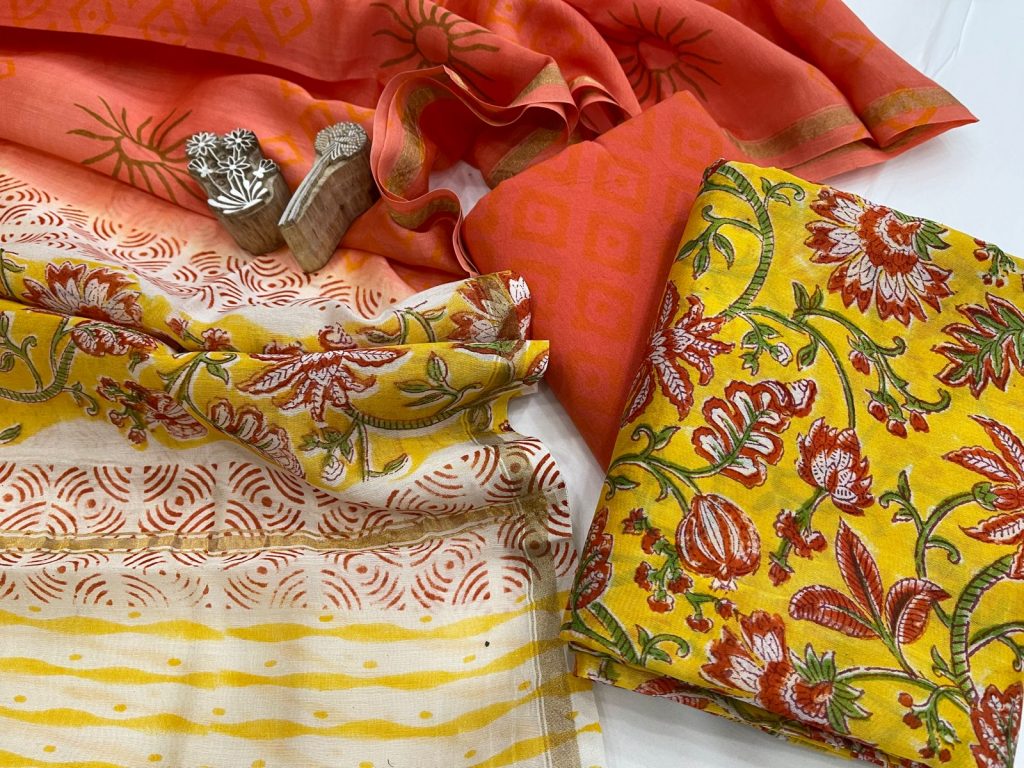 Orange red and yellow floral print chanderi suit with chanderi dupatta