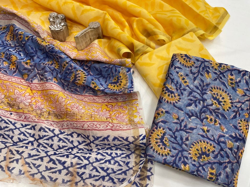 Yellow and sky blue floral print chanderi suit with chanderi dupatta