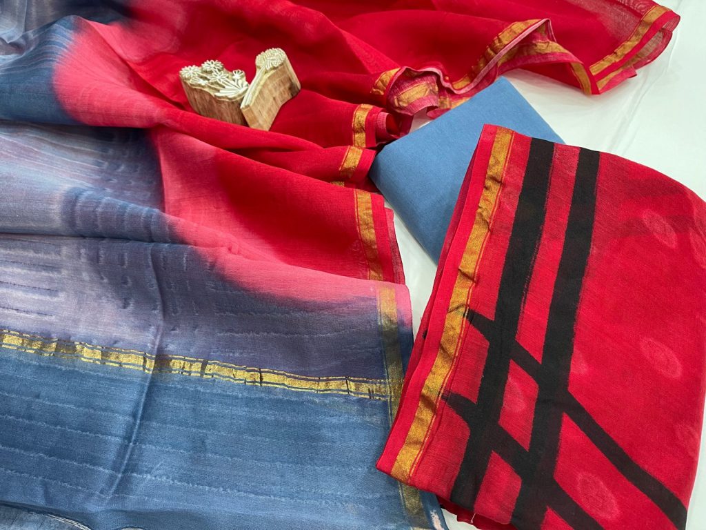 Amaranth red and gray chanderi suit with chanderi dupatta