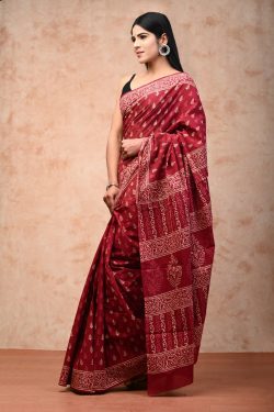 Maroon printed cotton saree with blouse