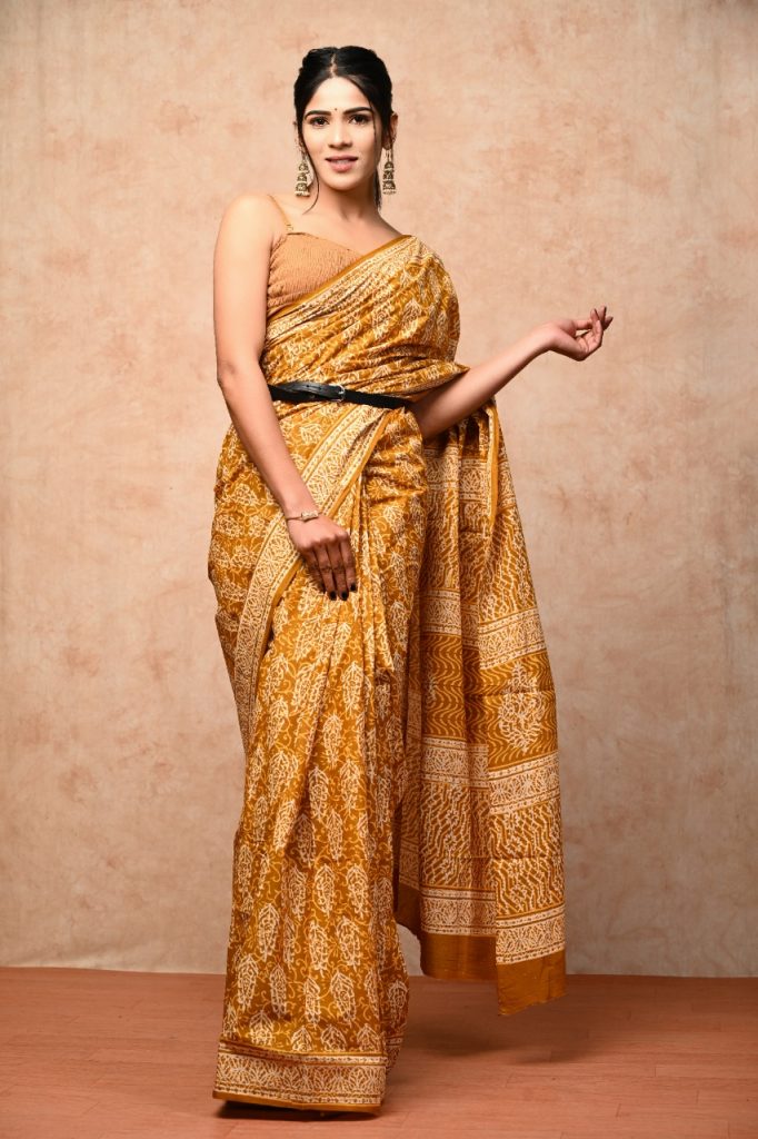 Ochre yellow printed cotton saree with blouse