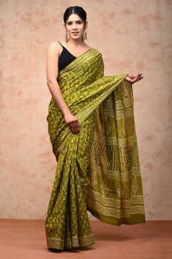 Olive green cotton saree with blouse