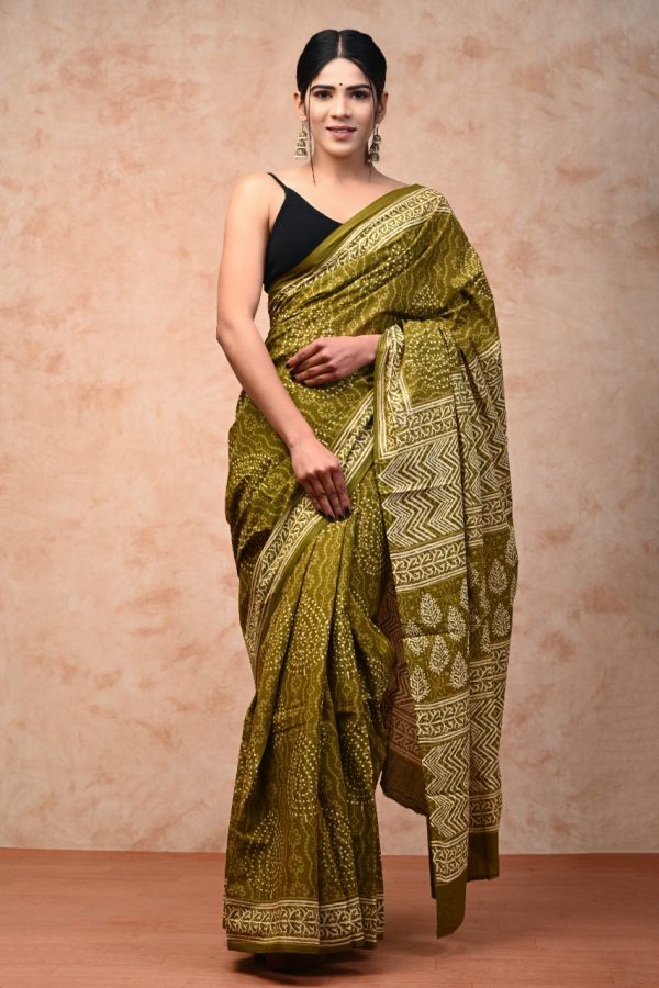 Olive printed cotton saree with blouse