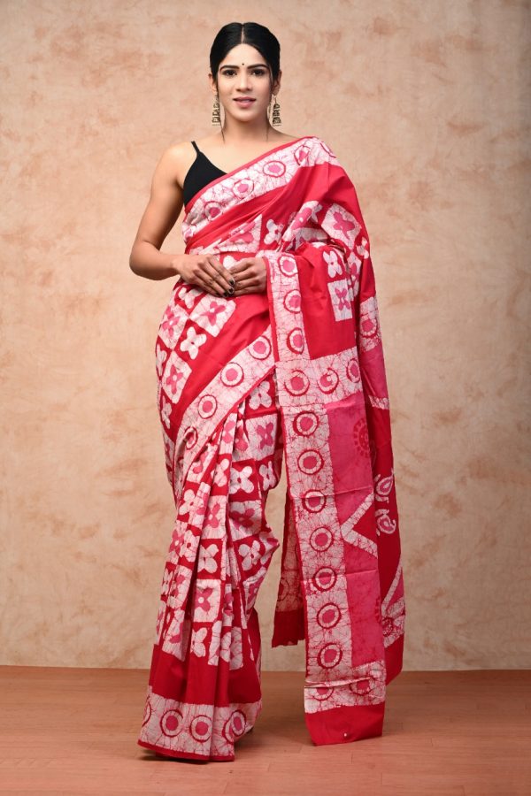 Pink batik print cotton saree with blouse