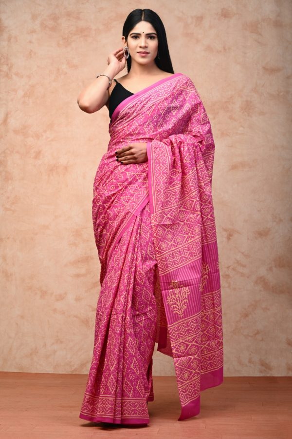 Pink printed cotton saree with blouse